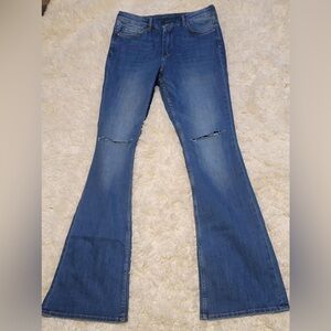 H&M &Denim Medium Wash Stretch Distressed High-rise mini Flare EUC **